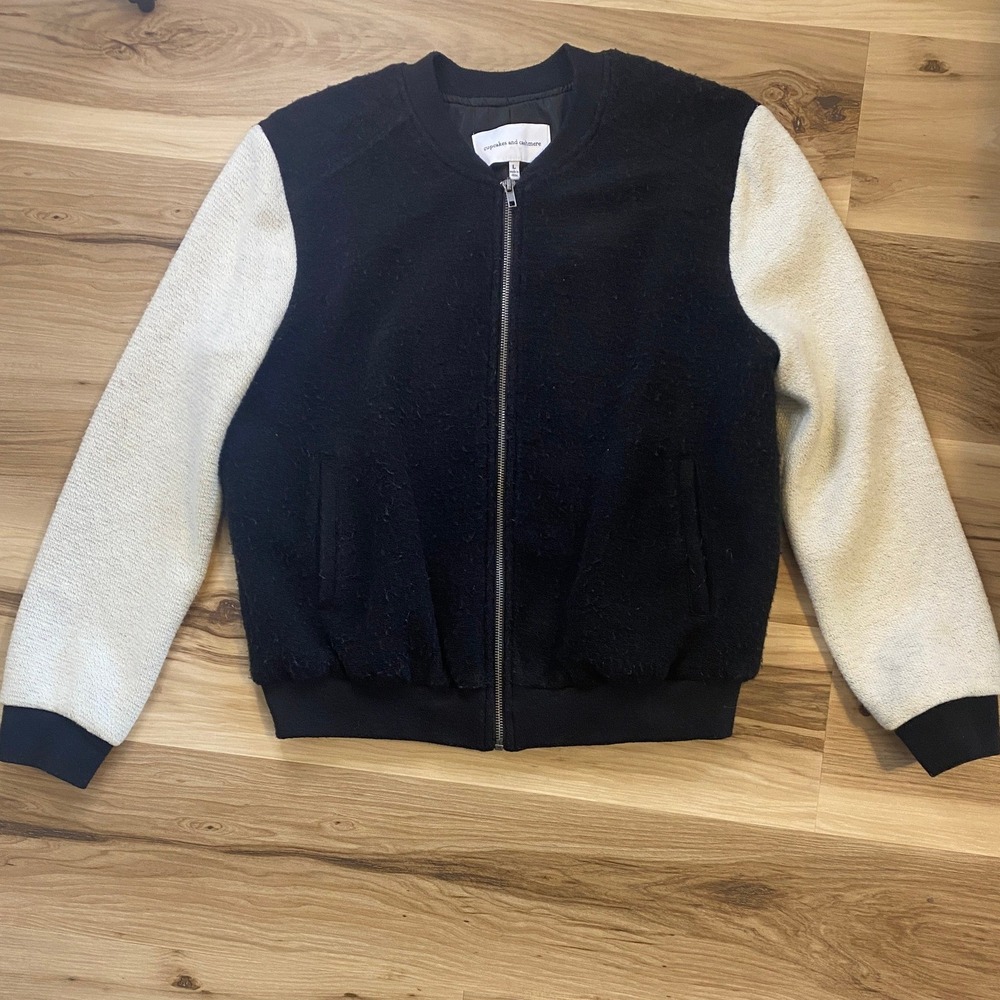 Cupcakes and Cashmere Womens Black White Textured Zip Up‎ Bomber Jacket Size L